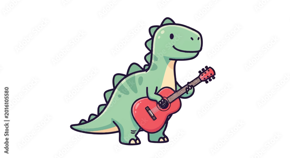 Fototapeta premium Cute cartoon dinosaur playing guitar illustration.