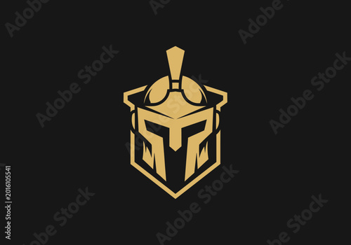 Obraz na plátně Gold spartan helmet warrior logo on dark background