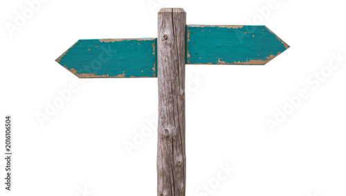 Tableau sur toile Weathered wooden post with two teal directional signs, isolated on transparent b