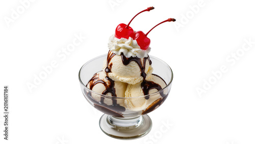 Fotografie Creamy vanilla ice cream sundae with chocolate syrup and cherries, isolated on t