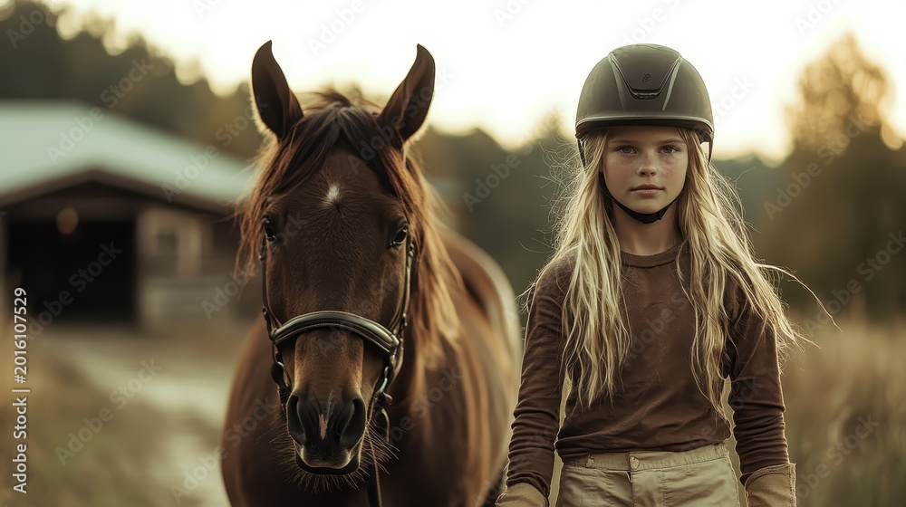 Obraz premium A young girl stands confidently beside her horse in a serene countryside setting, embodying the bond between humans and animals amidst natural beauty.