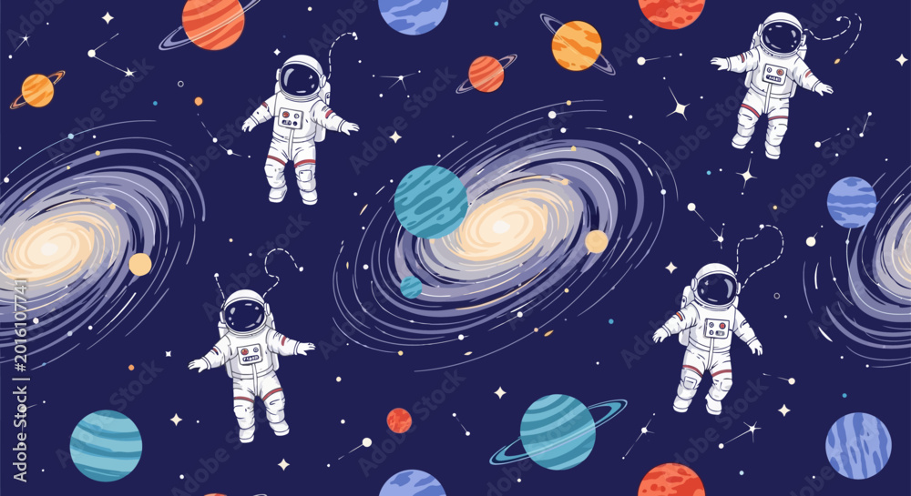 Fototapeta premium whimsical astronaut space pattern with planets and galaxies seamless background
