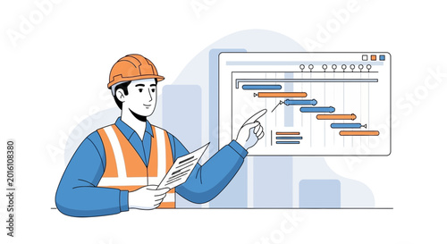 Construction worker planning project schedule on Gantt chart