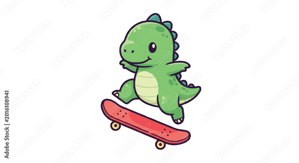 Naklejka premium Cute Cartoon Dinosaur Riding a Skateboard.