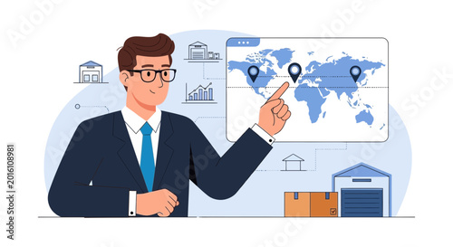 Business man presenting global logistics and supply chain map with pins