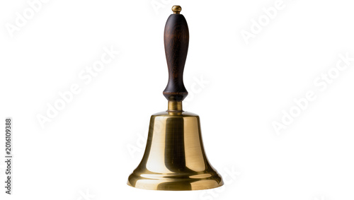 Fotografie Polished brass hand bell with dark wood handle, isolated on transparent backgrou