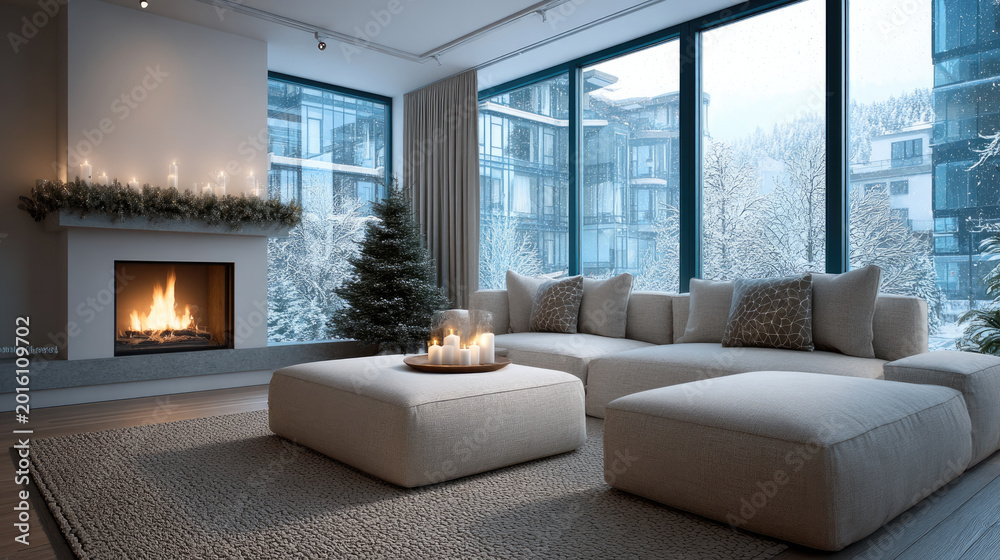 Fototapeta premium Cozy modern living room with fireplace large window winter snow neutral sofa candle rug tree peaceful atmosphere