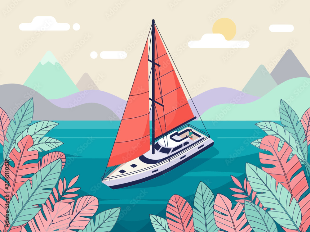 Naklejka premium Tropical Sailing Adventure: Modern Flat Vector Illustration of a Sailboat with Red Sails in a Scenic Bay with Exotic Foliage and Mountain Landscape