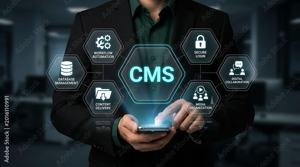 Naklejka premium Businessman Using CMS Content Management System Mobile Digital Interface