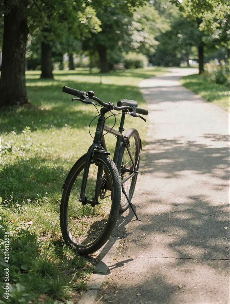 Fototapeta premium Black hybrid bicycle parked on green grass in sunny summer park for healthy lifestyle transport and outdoor leisure activity concept