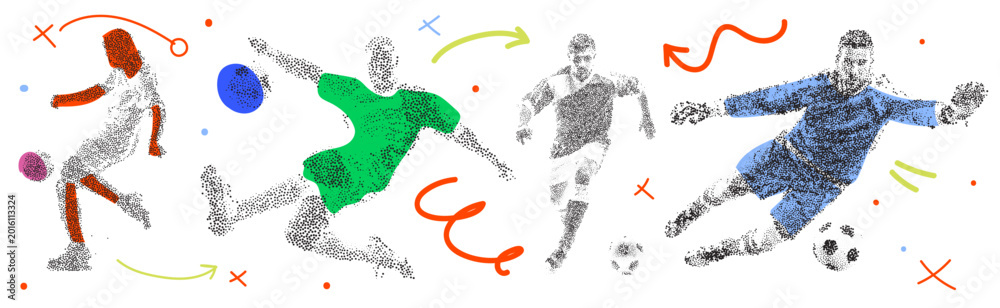 Fototapeta premium Abstract soccer player silhouette with halftone grunge effect texture for competition and sports marketing visuals