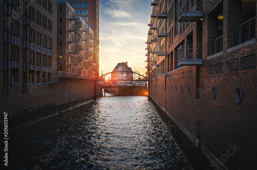 Sunset Canal Between Brick Warehouses in Hamburg 