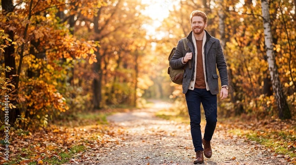 Obraz premium Man Walking on Autumn Path Surrounded by Golden Trees.