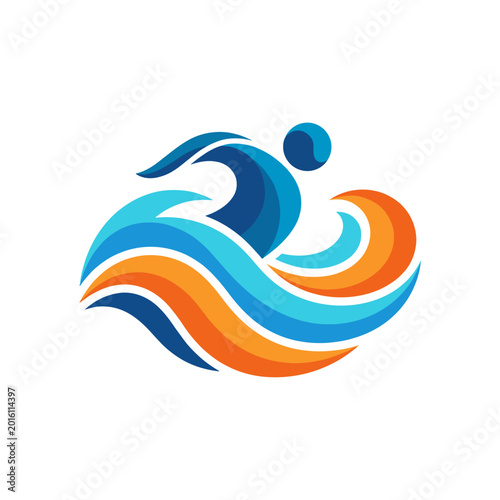 Φωτογραφία This logo depicts a surfer silhouette riding vibrant ocean waves, capturing the essence of adventure and thrill associated with water sports and surfing