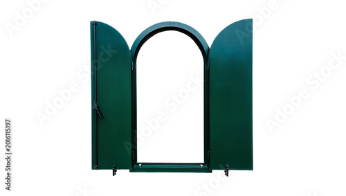 Bild auf Leinwand Dark green arched window shutters open and closed, isolated on transparent backg