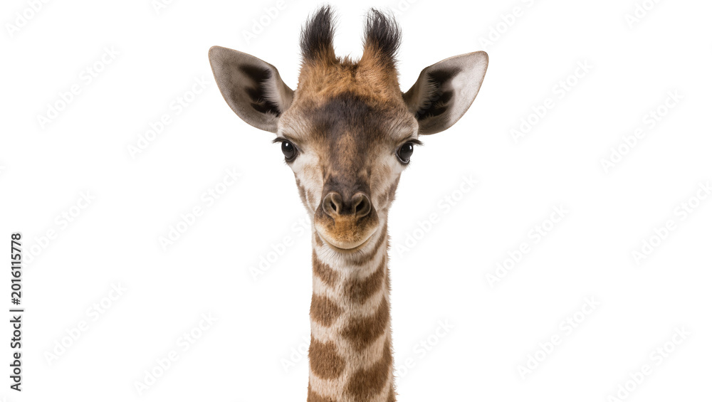 Obraz premium Young giraffe head with ossicones and patterned fur, isolated on transparent background