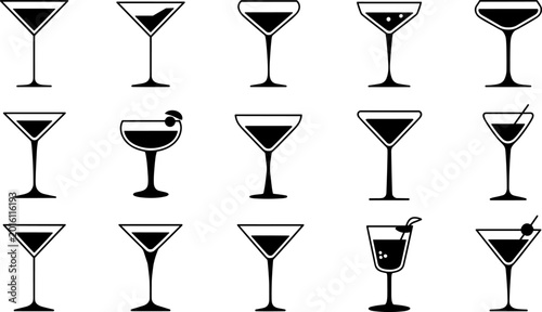 Canvas-taulu Black Cocktail and Martini Glass Silhouette Collection with Various Drink Cup St