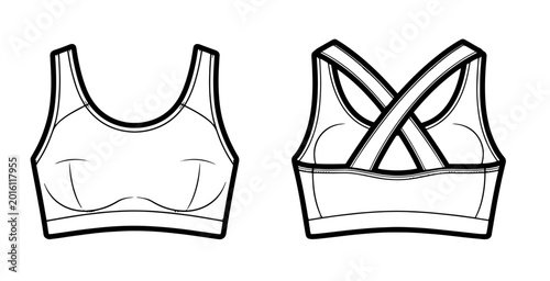 Women's sports bra line art with cross-back design, front and back fashion sketch.