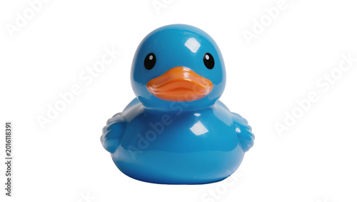 Fotografi Bright blue rubber duck toy with orange beak, isolated on transparent background