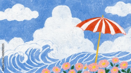 Expanding Horizon summer vacation scene with blooming flowers, ocean waves, and a classic beach umbrella under a blue sky, perfect for relaxation and new beginnings.