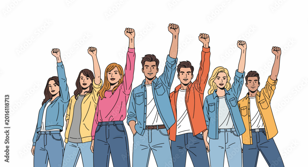 Fototapeta premium A diverse group of people standing together with raised fists in a vibrant, illustrative style against a clean white background.