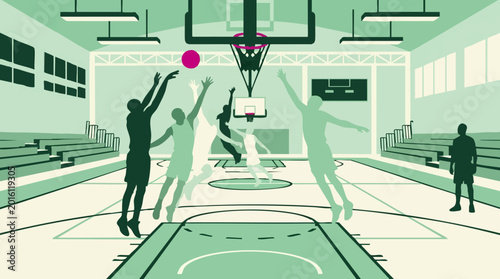 Obraz na płótnie Stylized basketball players in action on a court in a gymnasium