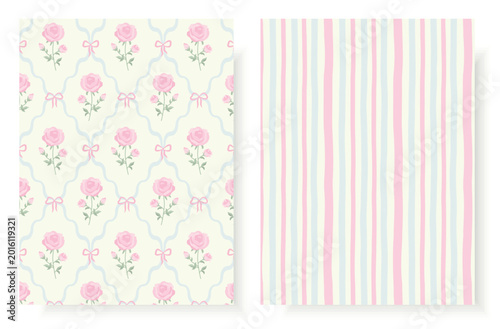 Quadro em tela Set of two seamless shabby chic patterns with pink roses, ribbon bows, blue ogee trellis and coordinating vertical stripes on ivory background