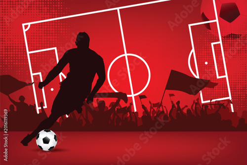 Tableau sur toile Dynamic football player silhouette with cheering crowd and soccer field background in red tones, perfect for sports event, championship, fan support and tournament themes