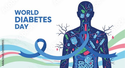 Human anatomy silhouette showing internal organs and medical devices with blue awareness ribbon on white background vector illustration for World Diabetes Day campaign banner