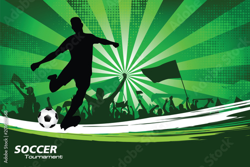 Schilderij op canvas Dynamic soccer player silhouette kicking ball with cheering fans and green stadium background, energetic football championship poster design illustration