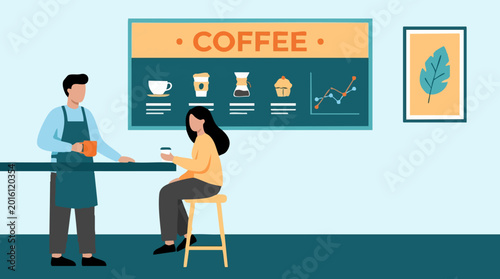 Tableau sur toile Barista serves coffee to a customer in a modern cafe, flat vector illustration