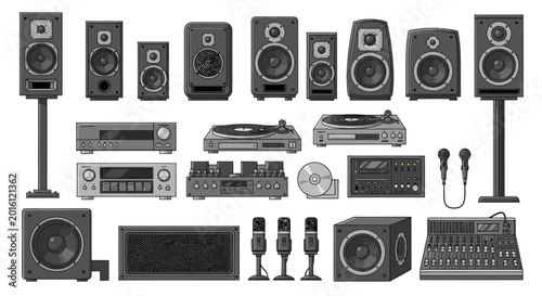 Bild auf Leinwand Collection of audio equipment, including speakers, turntables, and microphones