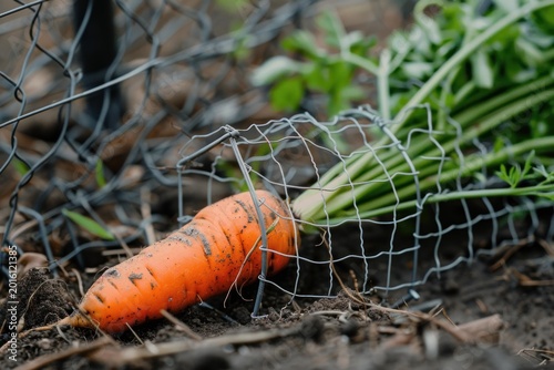 Freshly picked carrot covered by a protective wire mesh in a vegetable garden, ensuring safety from pests