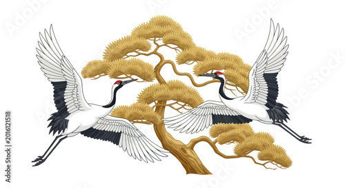 Bild auf Leinwand Two red crowned cranes flying near a Japanese pine tree