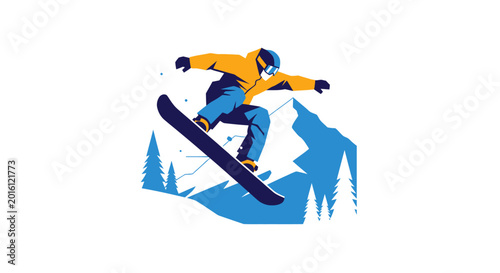 Bild auf Leinwand Flat vector illustration of a snowboarder jumping against a mountain background