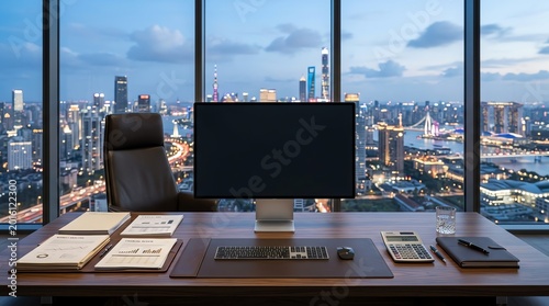 Office Desk at Night with Cityscape Backdrop Business Concept