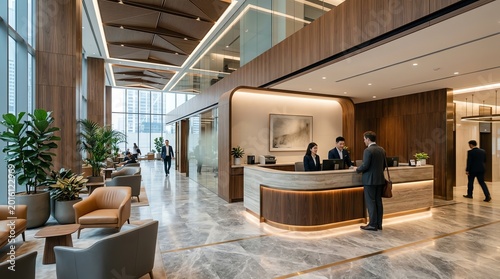 Lobby Reception Area with Staff and People Waiting Area