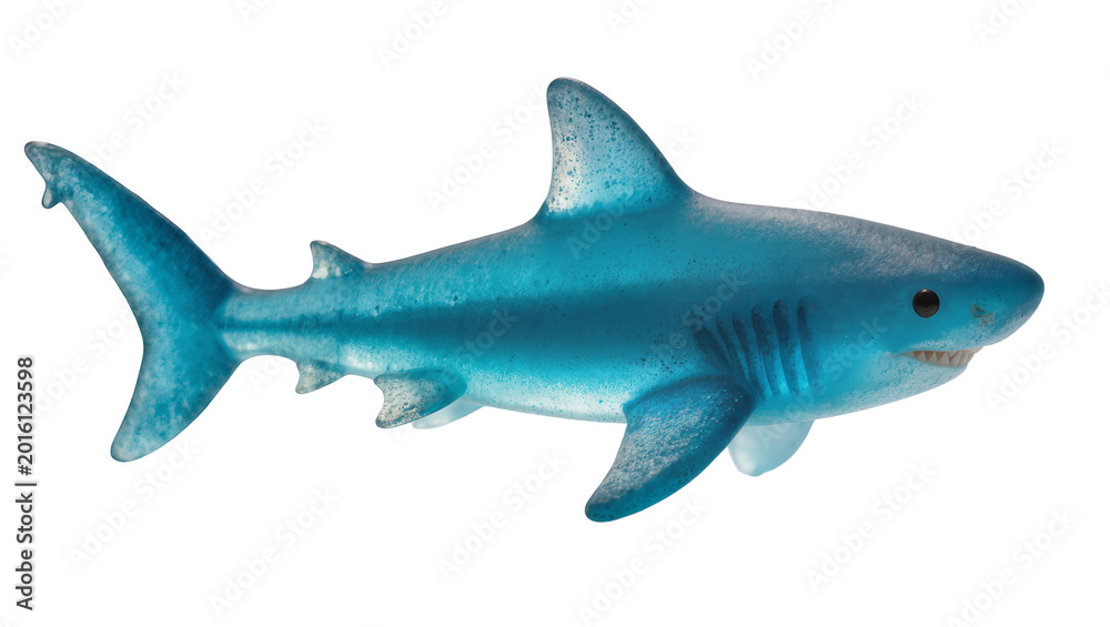Fototapeta premium Translucent blue glass shark figurine with sharp teeth, isolated on transparent background