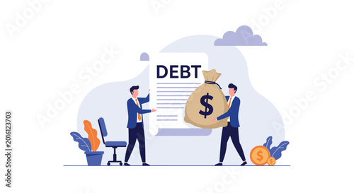 Professional men handling a large debt document and money bag illustrates financial liability and business loans.