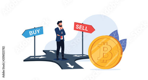 Thinking businessman stands at four way road intersection with buy and sell signs next to large golden bitcoin symbol.