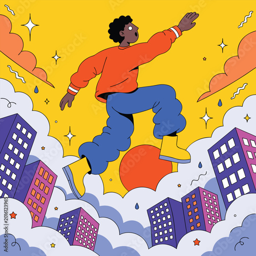 Foto Jumping Man in Fantasy City.