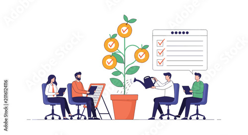 Group of employees water a tree that grows large oranges with checkmarks representing completed business tasks.
