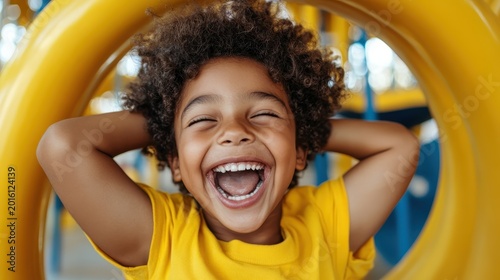A joyful child laughs exuberantly while playing at a playground, capturing the essence of childhood bliss and carefree moments that highlight the importance of play in development.