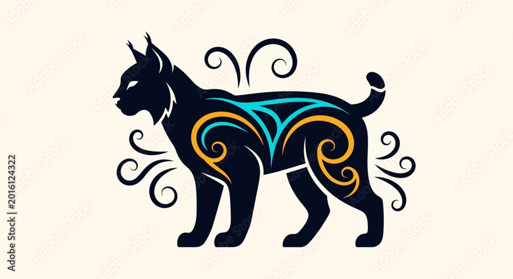 Fototapeta premium Stylized artistic lynx silhouette with intricate tribal ornamental patterns.