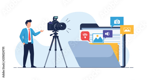 Media production and content management concept with a professional photographer standing next to a giant digital file folder.