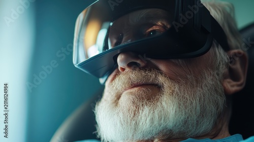 An elderly man wearing virtual reality goggles symbolizes the intersection of age and modern technology, showcasing how innovation can enrich lives and expand experiences for everyone.