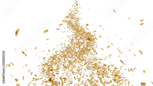 Schilderij op canvas Golden confetti pieces swirling in a vertical upward vortex against a plain whit