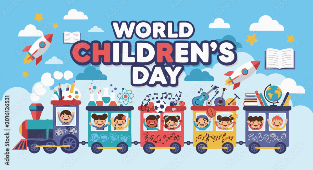 Fototapeta premium Diverse Kids Riding Toy Train Filled with School Supplies celebrating World Children's Day in Bright Playful Colors Flat Vector Illustration for social media and Classroom Educational Poster Design