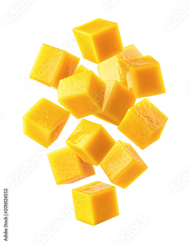 A vibrant collection of freshly cut ripe mango cubes suspended dynamically in midair creating a tropical fruit concept 