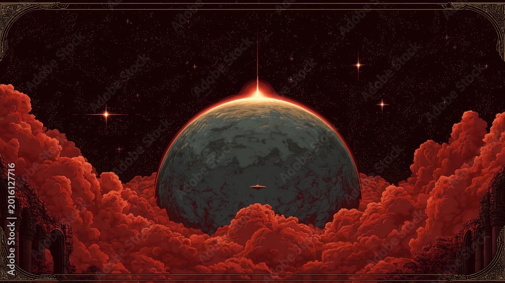 Fototapeta premium Majestic red clouds swirling around a detailed Earth-like planet with glowing horizon, framed for tarot decks, mythical storybooks, horror fantasy adventure, Artemis stranger mystery.